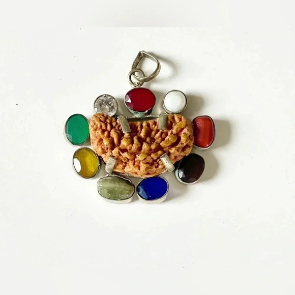 Silvertone Natural Gemstones Rudraksha Chakra Pendant, Spiritual, Health Fortune - Picture 2 of 4